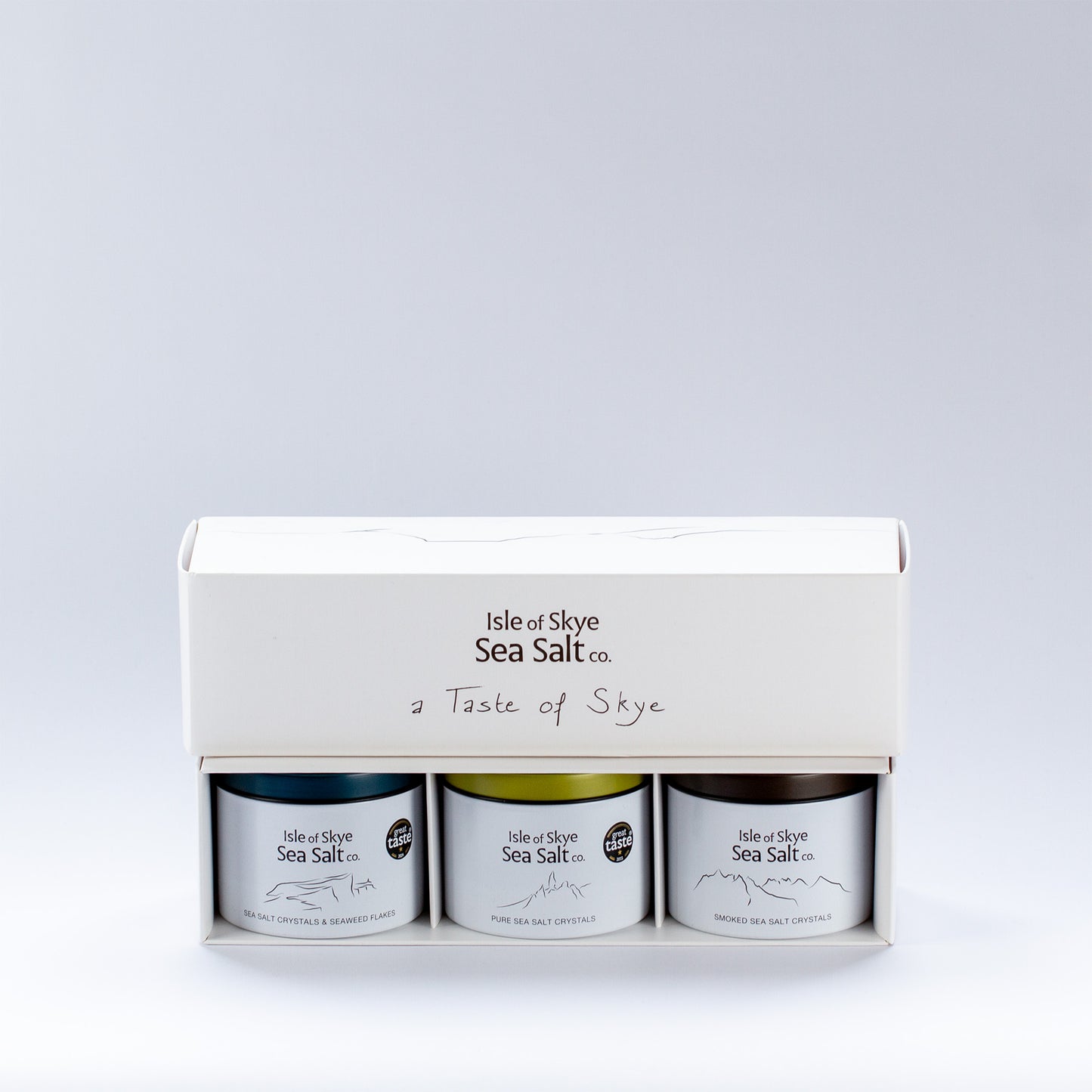 Scottish sea salt gift set from Isle of Skye with three aluminium tins