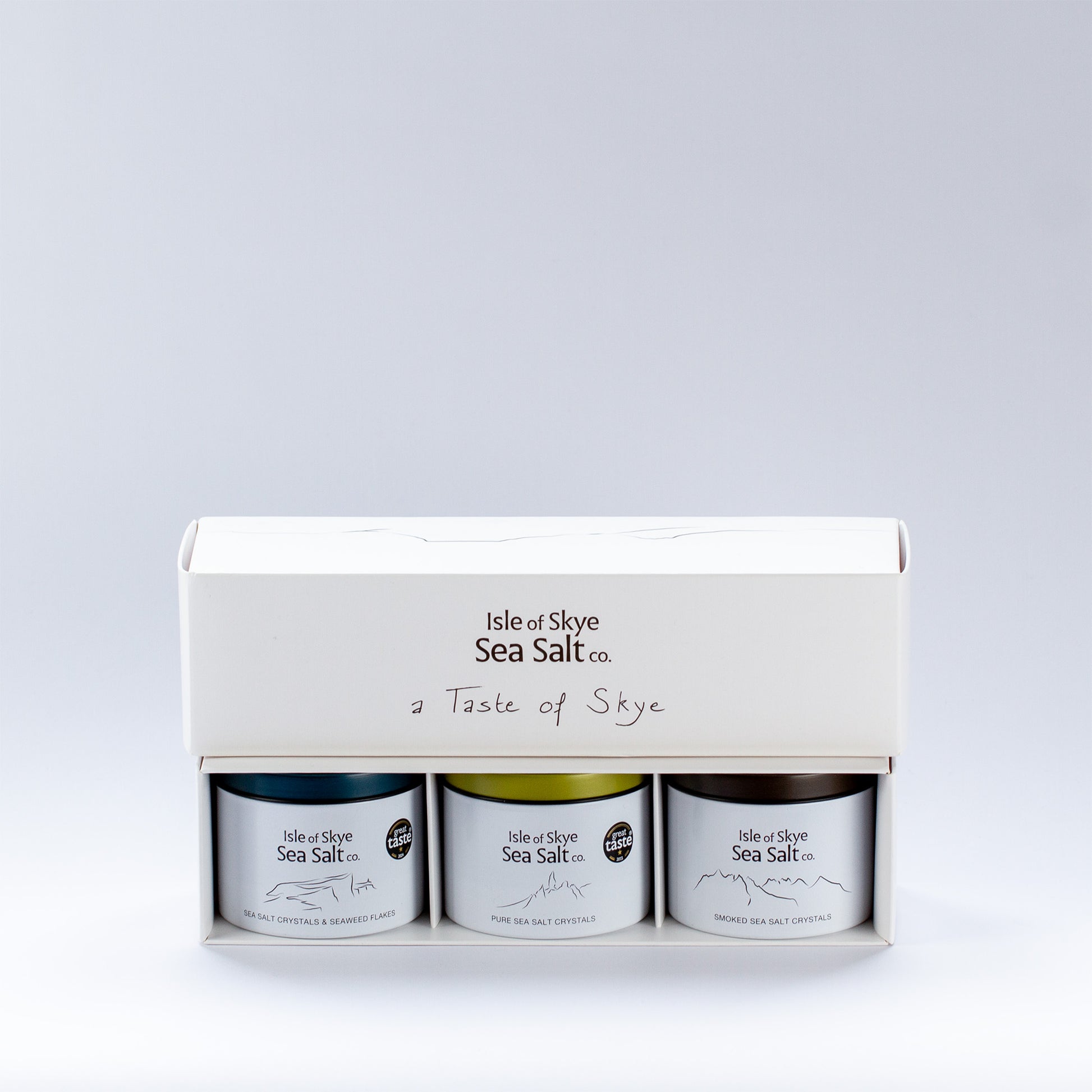 Scottish sea salt gift set from Isle of Skye with three aluminium tins
