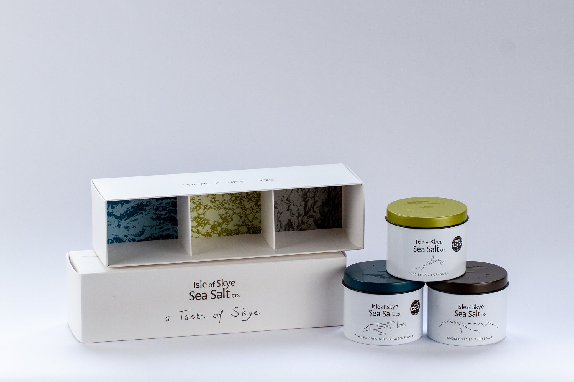 Scottish sea salt gift set from Isle of Skye with three aluminium tins