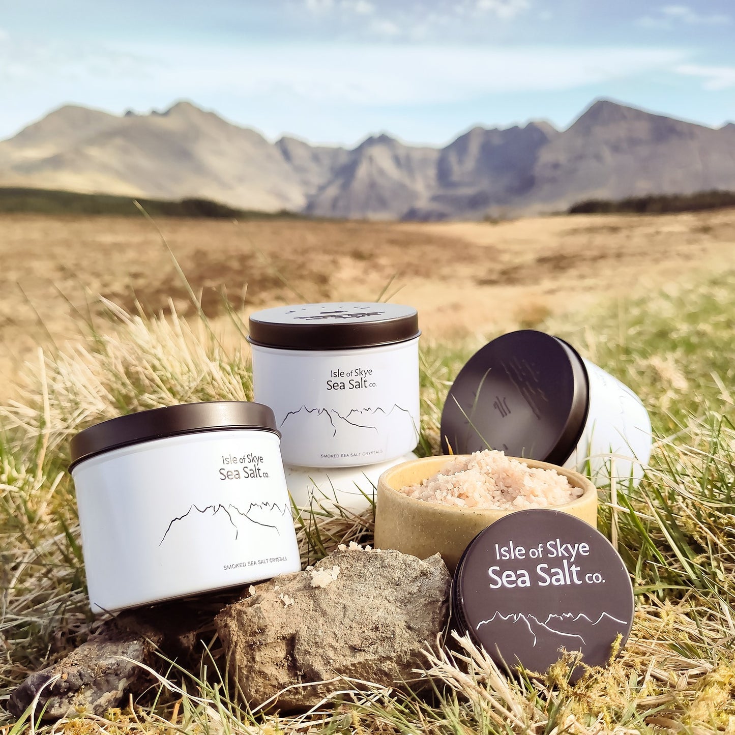 Tins of Smoked Scottish Sea Salt at the Cuillins